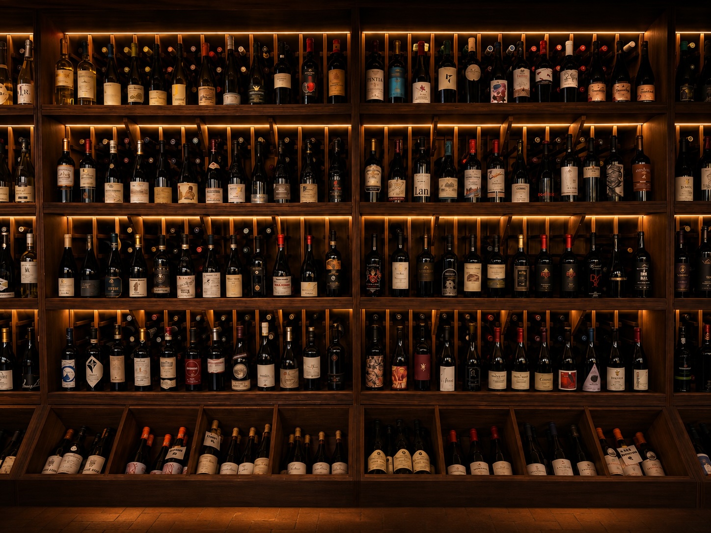 Wall of curated wine bottles at Falcon & Fig